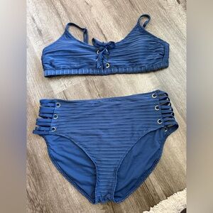 Time and Tru Blue Ribbed Bikini Set Lace Up High Waist XL 16-18 Strappy